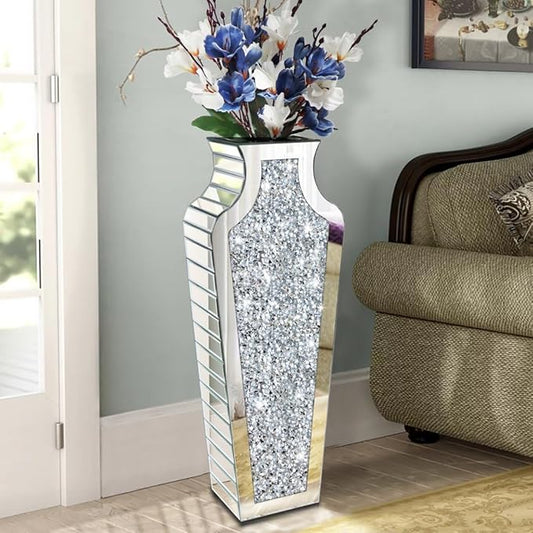 Allartonly Floor Crushed Diamond Mirrored Vase 27" Tall, Crystal Silver Glass Decorative Mirror Large Size Luxury for Home Decor. Can't Hold Water.