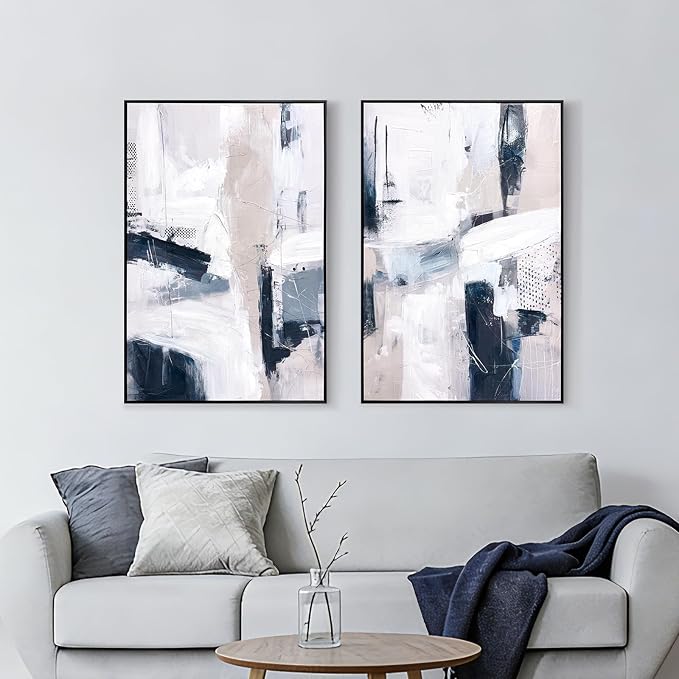 SAFERRYHOME Large Abstract Textured Framed Canvas Wall Art, Minimalist Wall Decor Neutral Painting, Modern Blue White Artwork Print for Home, Office, Living Room, 24"x36"x2