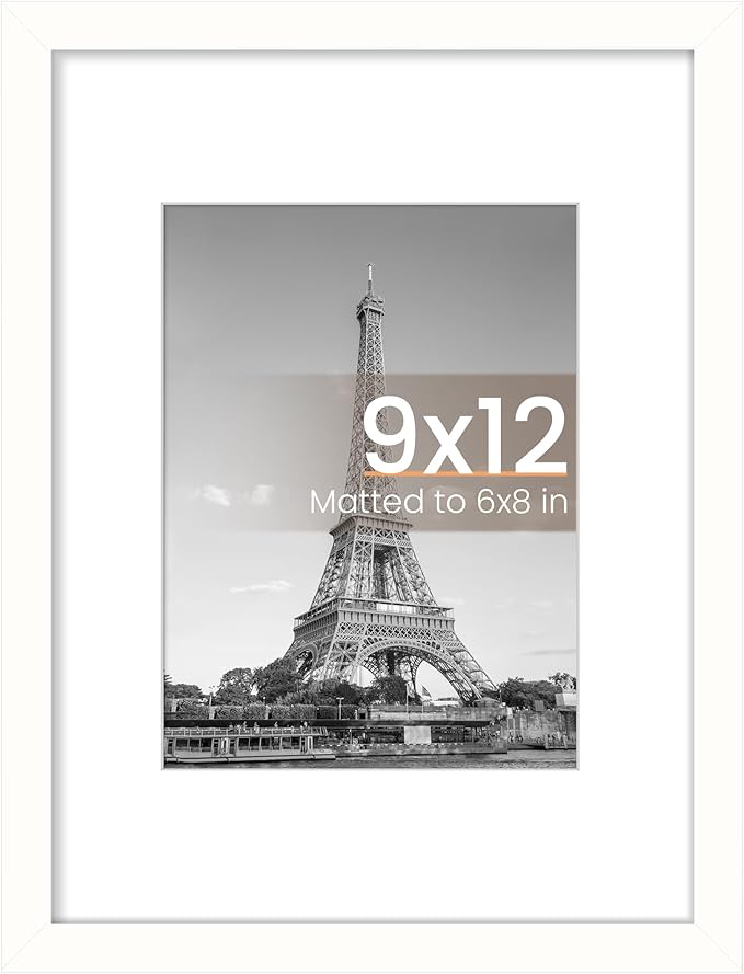 upsimples 9x12 Picture Frame, Display Pictures 6x8 with Mat or 9x12 Without, Wall Hanging Photo Frames, White, 1 Pack