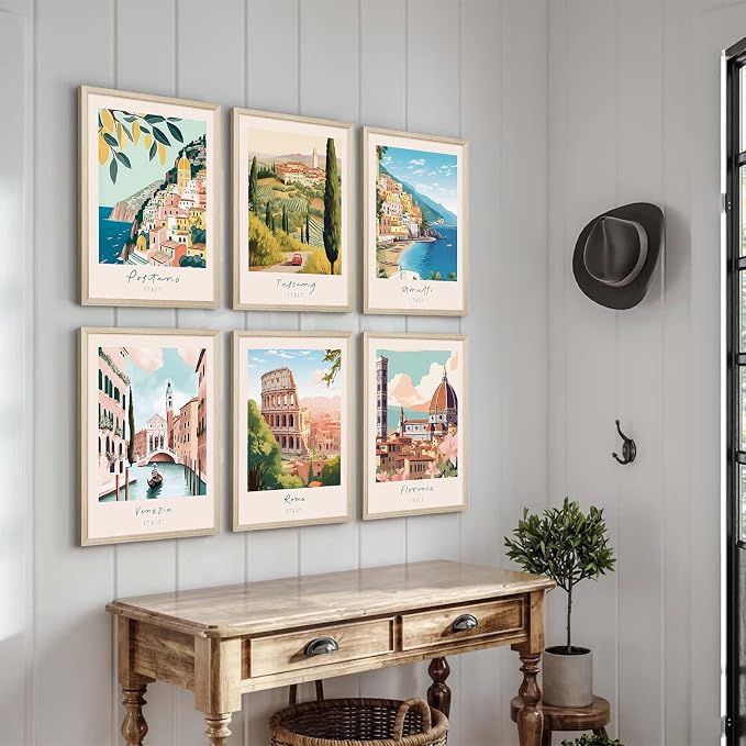 Italian Italy Wall Art Decor Amalfi Coast Travel Poster Italy City Canvas Wall Art Vintage Landscape Beach Painting Artwork Modern for Bedroom Living Room 8x10 Prints Wood Framed Set of 6