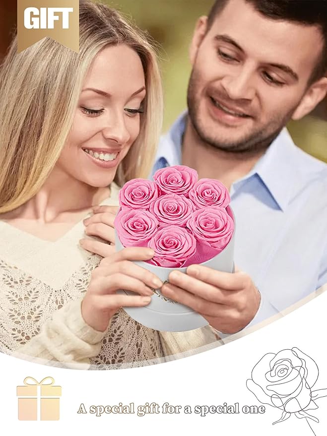 Beaulasting Long Lasting Preserved Roses in a Box Last a Year Forever Flowers for Her Mom Wife Anniversary Birthday (Round White Box, Pink)