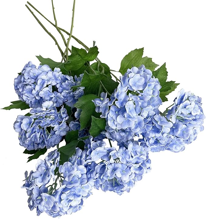 YalzoneMet 4 Pcs Artificial Snowball Viburnum Hydrangea Flower 26.8'' Blue Small Real Touch Faux Latex Long Stem for Christmas Home Decoration Xmas Table