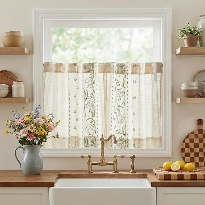 jinchan Winslow Linen Kitchen Curtains 24 Inch Length Small Window Curtains Embroidered Bordered Floral Drapes Light Filtering for Bathroom Laundry Room Farmhouse Decor Green on Beige 2 Panels