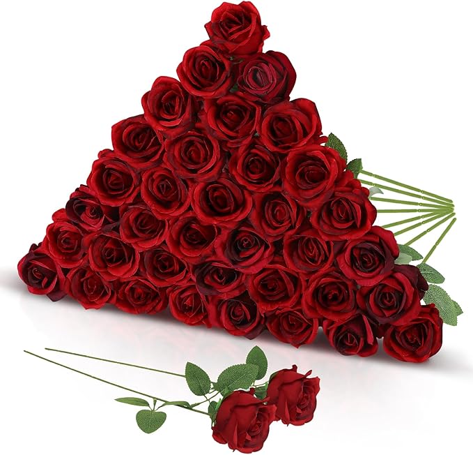 36 Pcs Burgundy Artificial Roses with Long Stems, Fake Silk Rose Artificial Flowers Bulk for Bridal Wedding Bouquet Centerpiece Ball Arrangement Party Decor