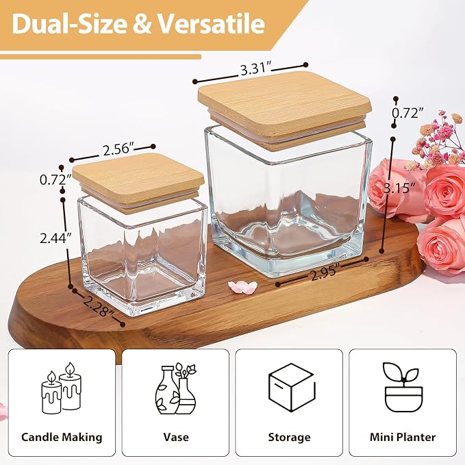 CONNOO 12 Pack 9oz, 3oz Clear Square Candle Jars for Making Candles, Thick Glass Bulk Empty Candle Containers with Airtight Bamboo Lids for Candle Making, Sticky Warning Labels - Dishwasher Safe
