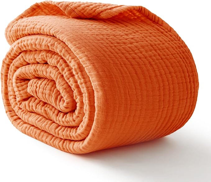 100% Cotton Muslin Blanket Large 50"x 70", 6 Layers Breathable and Lightweight Cotton Throw Blankets for Couch, Soft Cooling Summer Gauze Blanket for Adults All Season, Orange