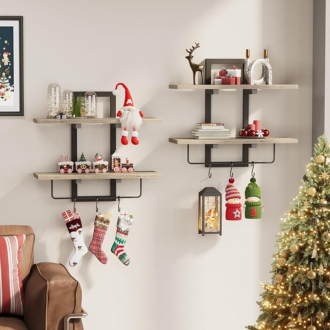 Creso hom Floating Shelves, 15" Wall Shelf Set of 2, Hanging Bathroom Shelves 2-Tier, Wall Mounted Storage Shelves, for Living Room Bedroom Bathroom Kitchen Office Coffee Bar, Greige