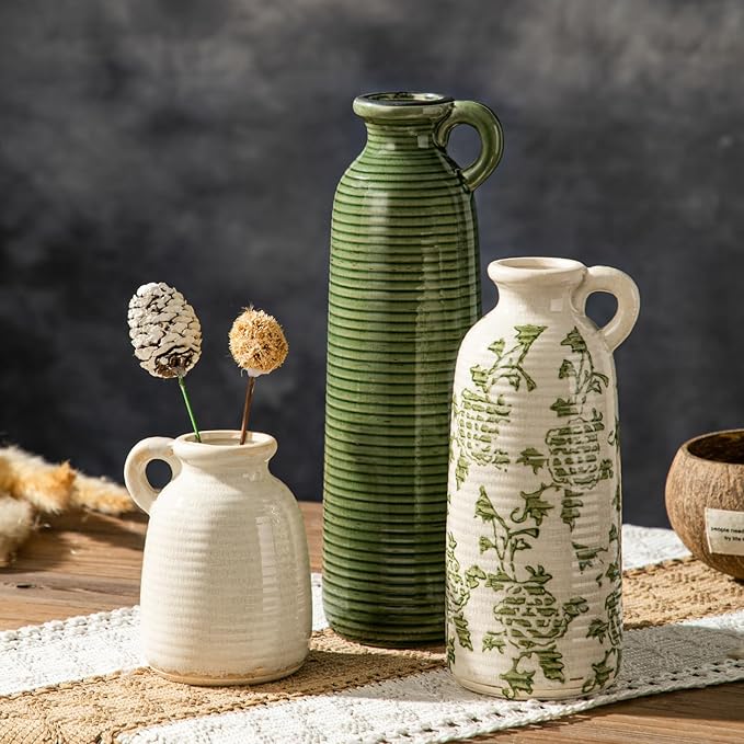 Ceramic Vases Set of 3, Farmhouse Country Flower Vase Home Decor,Living Room Kitchen Bathroom Decoration, Table Centerpieces, Shelf and Entrance Decorations-Multicolor.