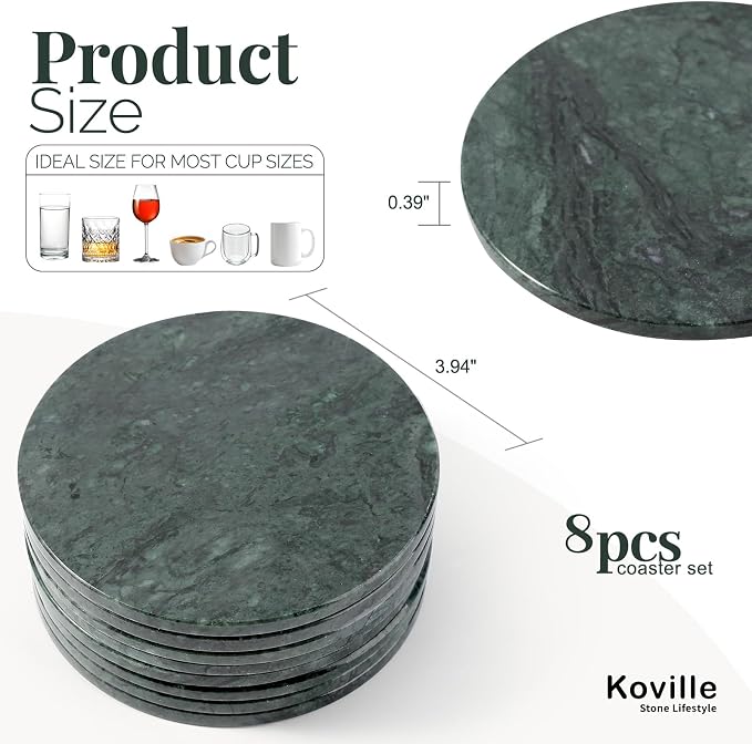 Koville Marble Coasters, Round Modern Coaster Set of 8 for Drinks, 4" Stone Coaster Heat Resistant, Decorative Marble Coasters for Coffee Table Home Bar Decor, Gift Choice(Green)