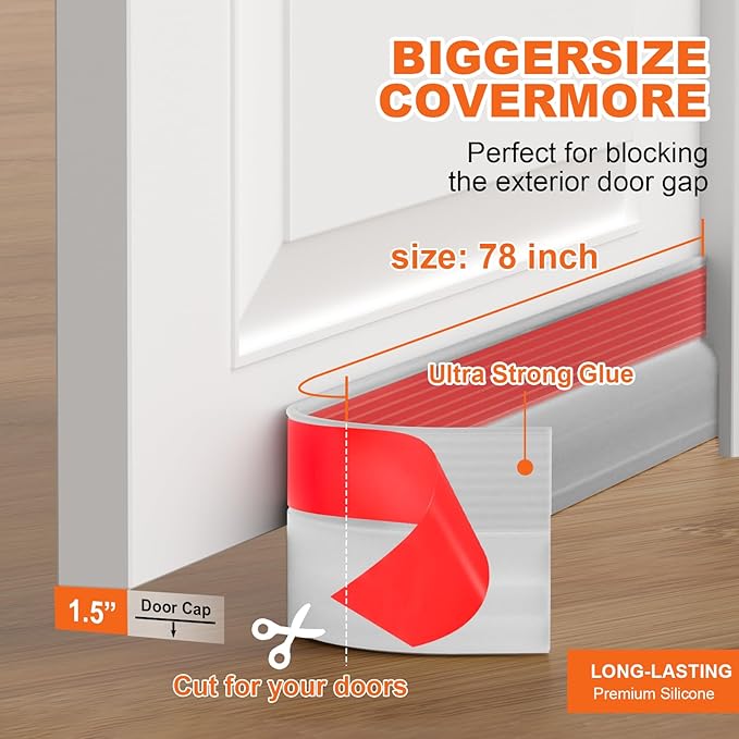 Door Draft Stopper, Door Sweep for Bottom of Door, Weather Stripping Door Seal Gap Filler Bottom Blocker Soundproof Cold Air Insulation Save Energy Installs Quickly and Easily (Transparent, 78‘’)