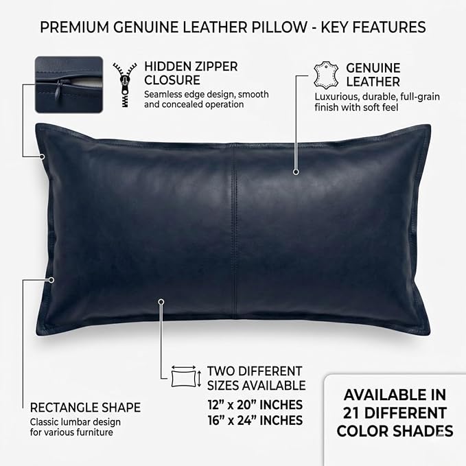 Genuine Leather Pillow Cover Case for Lumbar Throw Couch Pillows - Modern Farmhouse Decorative Sofa Thick & Soft Cushion Covers (Royal Blue, 12" x 20")