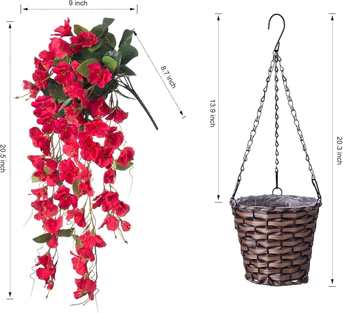 Artificial Fake Hanging Hibiscus Flowers Plants Baskets for Outdoor Decor, Faux Silk Hibiscus Long Vines in Planter UV Resistant Realistic Flowers for Outside Porch Patio Home Decoration, Red