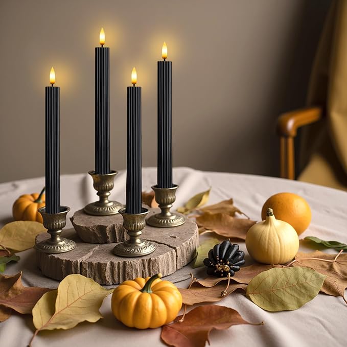 6 Pack, 10" LED Flameless Real Wax Black Fluted Ribbed Grooved Taper Candles, Remote & 24h Timer Memory, On/Off Button, Dimmable, Flicker Mode, Battery Operated, Wedding