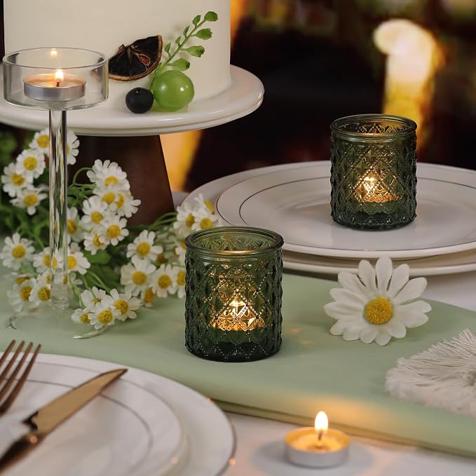 20 Pack Green Votive Candle Holders, Green Glass Candle Holder for Wedding Table Centerpiece, Glass Tea Lights Candle Holders for Baby Shower, Vintage Glass Candle Holders for Party Home Decor
