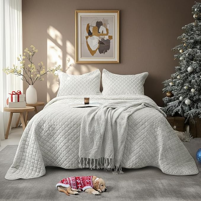 Luxury Velvet Queen Quilt Set, Ultra Soft Lightweight Cream White Velvet Comforter Set, Oversized Bedspread Coverlet with 2 Pillowcases Diamond Pattern, for All Season (White)