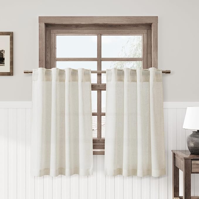 Nanspring Cream Small Linen Textured Curtains 54 Inches Length House Kitchen Semi Sheer Short Curtain Back Tab Pocket Boho Light Filtering Tier Window Drape for Bathroom 36Wx54L