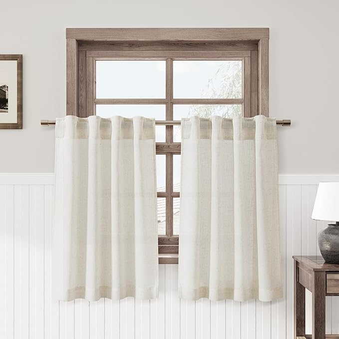 Nanspring Linen Cafe Curtains 30 Inch Length Light Filtering Semi Sheer Mini Curtain for Small Window Basement Bathroom Natural Back Tab Rod Pocket Pleated Short Sheer Kitchen Drape 36x30 Cream