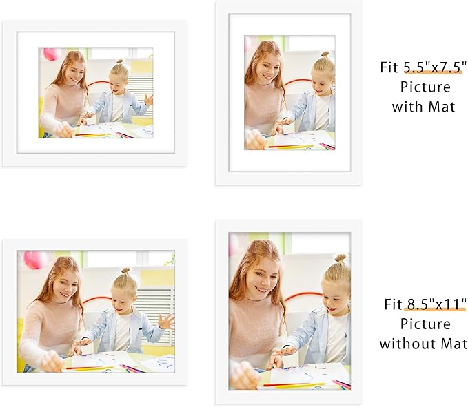 Picrit 8.5x11 Picture Frame Set of 12, Display 6x8 with Mat or 8.5 x 11 without Mat, Photo Frames for Wall Mounting or Table Top Display, White