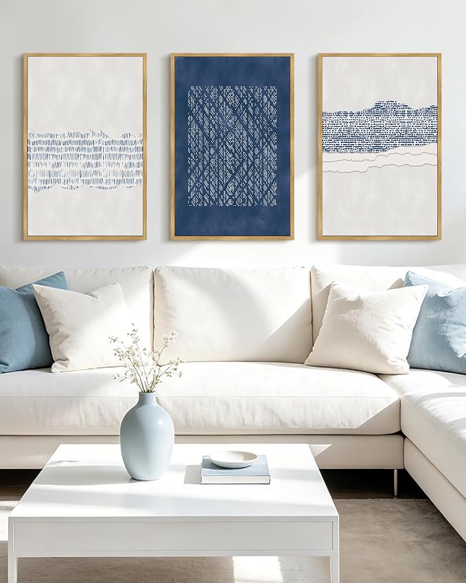 PHOPAGO Navy Blue Abstract Framed Wall Art Large 16x24in Mid Century Minimalist Wooden Pastel Boho Wall Decor Modern Neutral Farmhouse Living Laundry Decor- Natural Framed