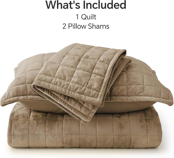 BEDELITE Velvet Quilt Set King Size - Luxury Soft Velvet Comforter Bedding Set for All Season, Lightweight Quilted Box Stitch Oversized Bedspread Coverlet with 2 Matching Shams, Tan