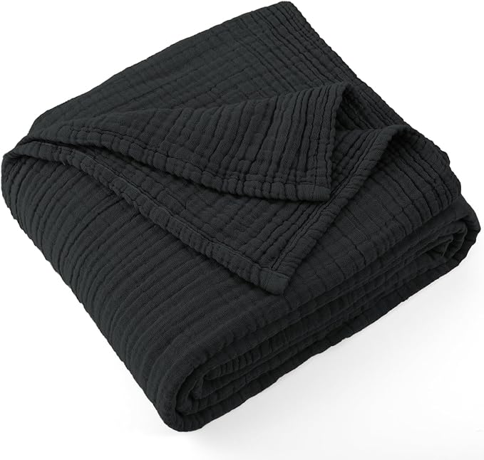 Carriediosa 100% Cotton Muslin Throw Blanket 50" X 70" Throw XL Size，4-Layers Summer Gauze Throws for Bed Couch，Soft Lightweight Breathable Linen Blankets Bedspread for Adults All Season，Black