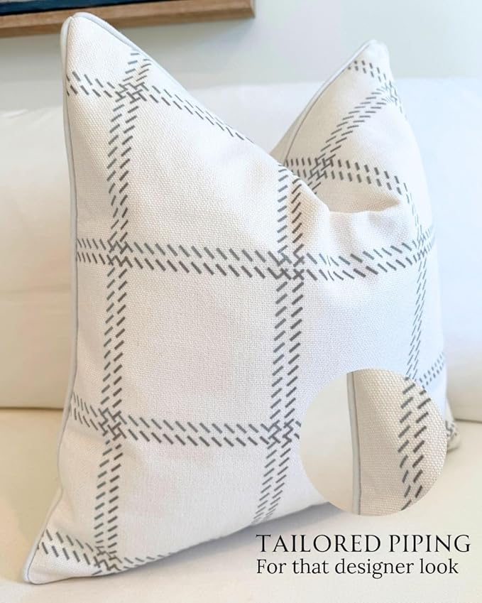 Jillien Harbor The Elliot Patterned Throw Pillow Cover – Checkered Pillow Print Polycotton Designer Accent for Farmhouse Decor, Decorative Pillow Cover, Fits 20 Inch Insert, 18 x 18 Inches, Brown