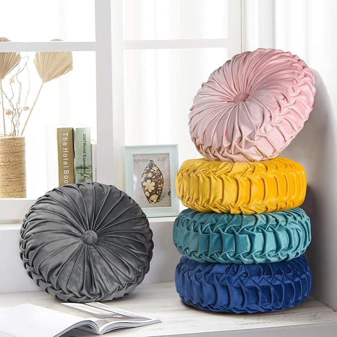 HIG Set of 2 Decorative Round Pleated Throw Pillows, Classy Accent Pumpkin Throw Pillows with Center Button, Vintage Velvet Floor Pillows for Sofa Couch Vanity Chair Bed, Navy, 14.5" Diameter(Ripple)