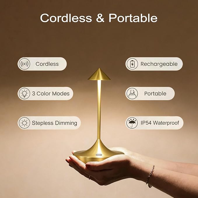 Rechargeable Cordless Table Lamp, Battery Operated LED Lamps | 3-Color Stepless Dimmable, Portable IP54 Waterproof Outdoor Lamps for Patio Dining Bar Home Office (2-Pack Glossy Gold Mini)