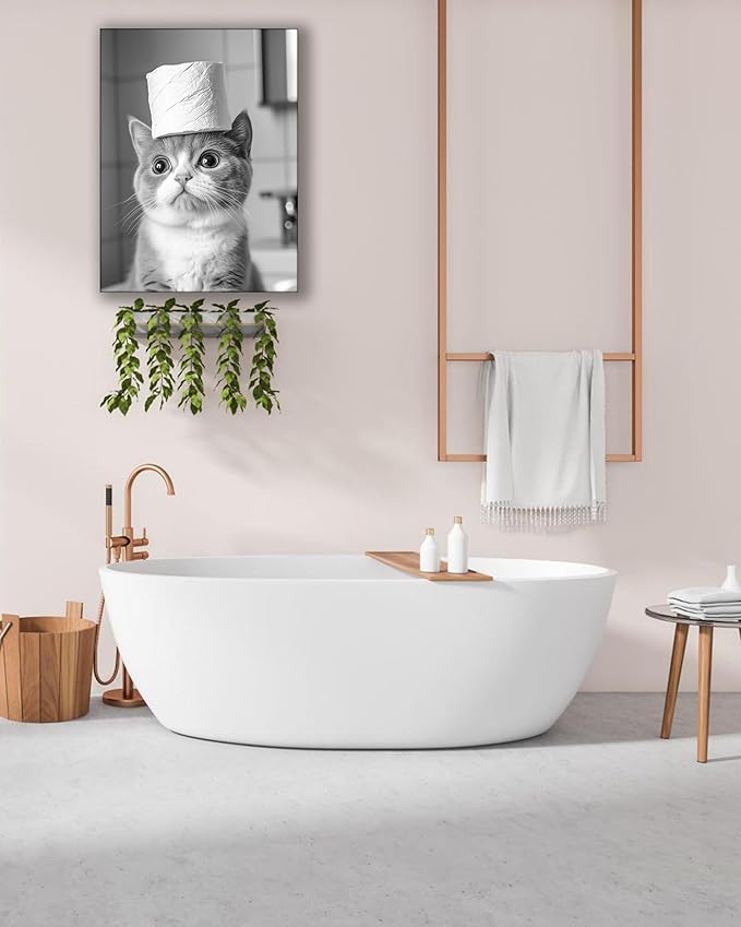 UPWOIGH Funny Black and White Cat Bathroom Wall Art, Cat with Toilet Paper Roll Decor, Cute Pet Humor Poster, Wood Framed Canvas 12x16 Inch