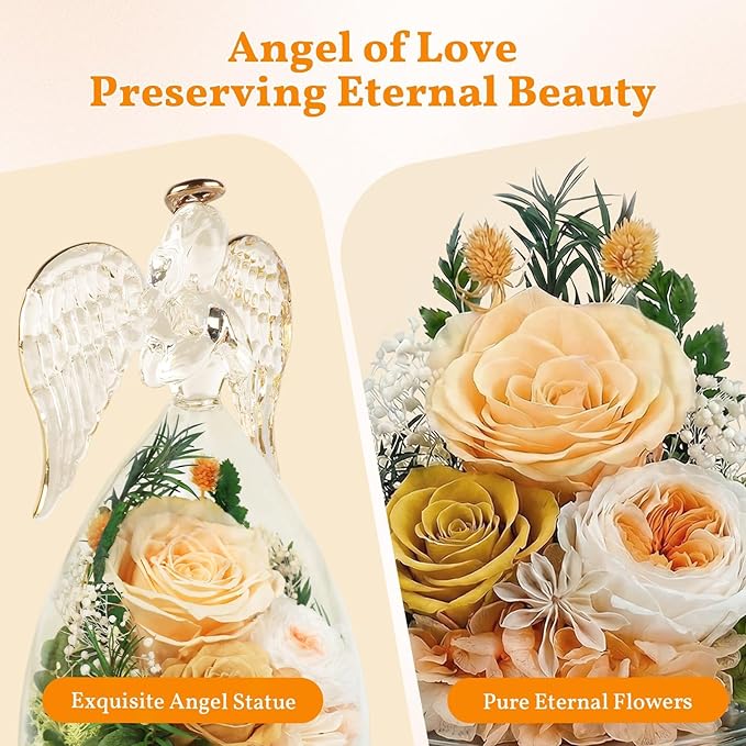 TranquilBliss Gifts for Mom, Flowers for Mother’s Day, Preserved Rose in Glass Dome with Light, Angel Figurines for Her Birthday, Valentine’s Day for Wife, Grandma, Women - Champagn