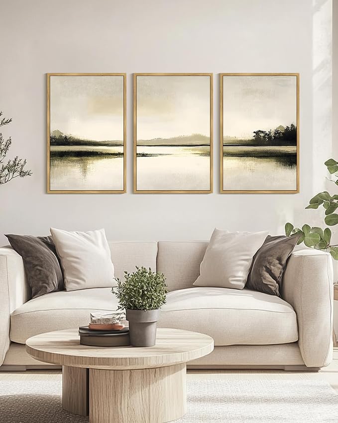 PHOPAGO Abstract Lake Landscape Framed Wall Art Huge 24x36in Watercolor Nature Wilderness Paints Nordic Neutral Tan Illustration Decorative - Natural Framed