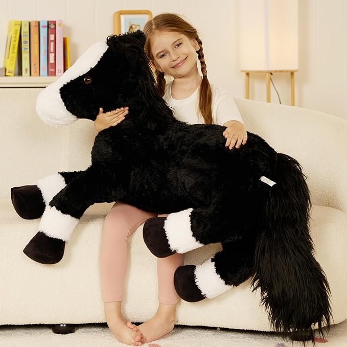 Tezituor 4ft Giant Black Horse Stuffed Animal, Realistic 47 inch Large Stuffed Horse Plush Toy for Boys Girls, Hugging Soft Pony Body Pillow Birthday Gift for Boys Girls