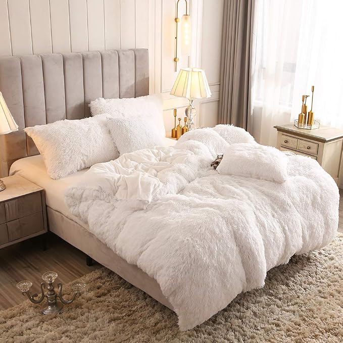Faux Fur Velvet Fluffy Bedding Duvet Cover Set Down Comforter Quilt Cover with Pillow Sham, Ultra Soft Warm (White, Twin)