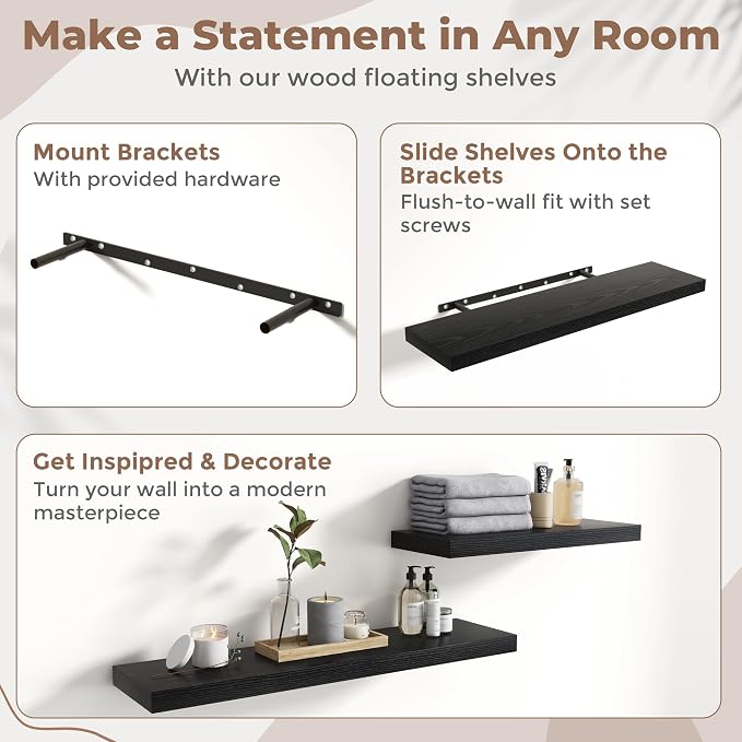 36 Inch Floating Shelves for Wall with Invisible Brackets Set of 2, 8"D Engineered Wood Wall Shelves with Wood Grain for Living Room, Bedroom, Bathroom, Kitchen Decor and Storage, Black Finish