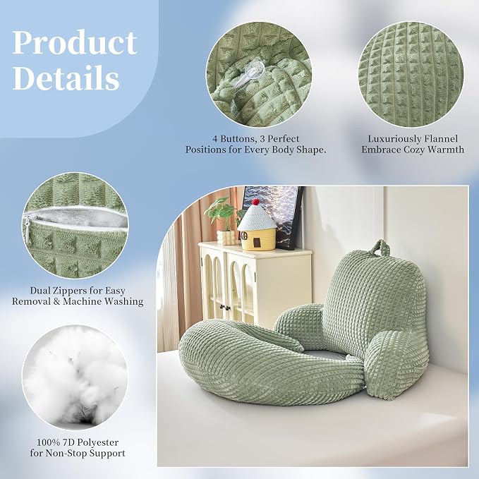 17" Reading Pillow for Bed,U Shaped Arm & Elbow Support,Green Flannel | Backrest Supports Back,U shaped Lap Pillow Cushions Arms,Elbows & Wrists,Soft Flannel for Reading,Gaming,Watching TV