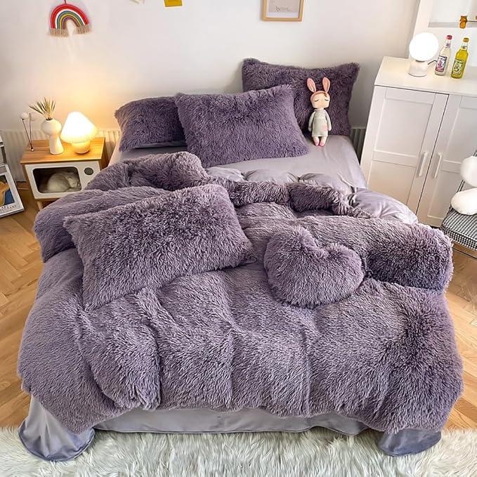 chovy Faux Fur Plush Purple Comforter Sets King - Ultra Soft Shaggy Flannel Velvet Fluffy Fuzzy 3PC Bedding Set (Comforter x 1 Pillowcases x 2)