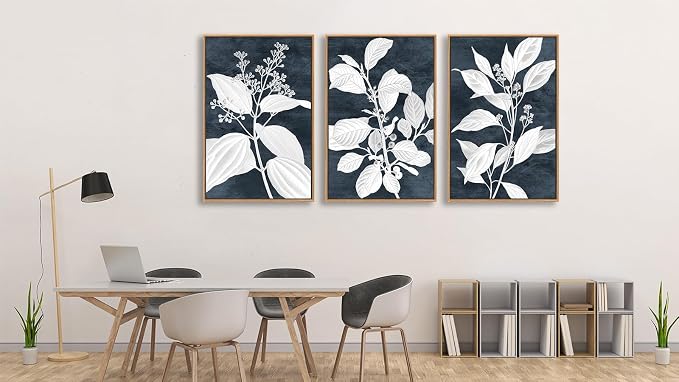 Large Botanical Wall Art for Living Room Natural Wood Float Framed Art Set of 3 White Plant Canvas Pictures Minimalist Artwork Indigo Canvas Prints for Bedroom Home Office Wall Decor 32"X48"X3