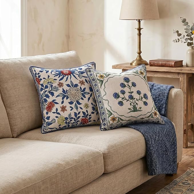 patdrea Designer Vintage Linen Throw Pillow Cover,18"x18",Set of 2-Ivar A | Decorative Pillow Cover,Blue and White Floral Pattern,Pillow Case for Couch Living Room Bedroom Sofa Outdoor
