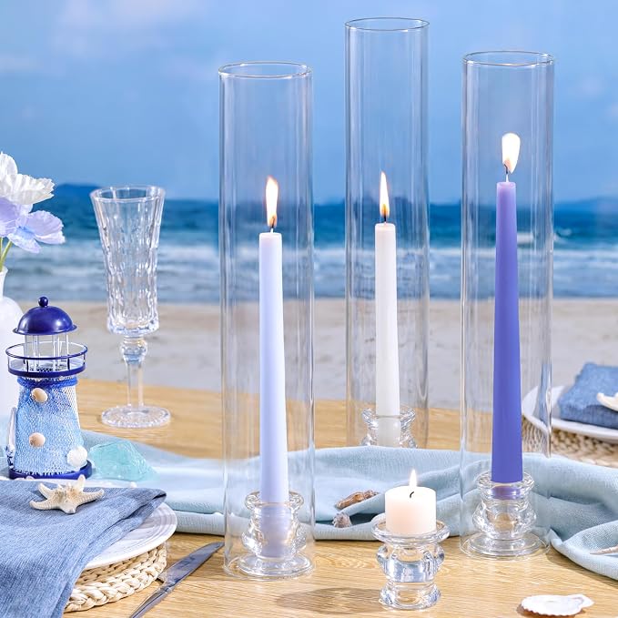 Volens Hurricane Glass Candle Holders Bulk- Set of 24 Candlestick Holders for Taper Candles with Windproof Cylinder Covers 14" Tall Clear Glass Chimney Cover for Wedding Table Centerpiece