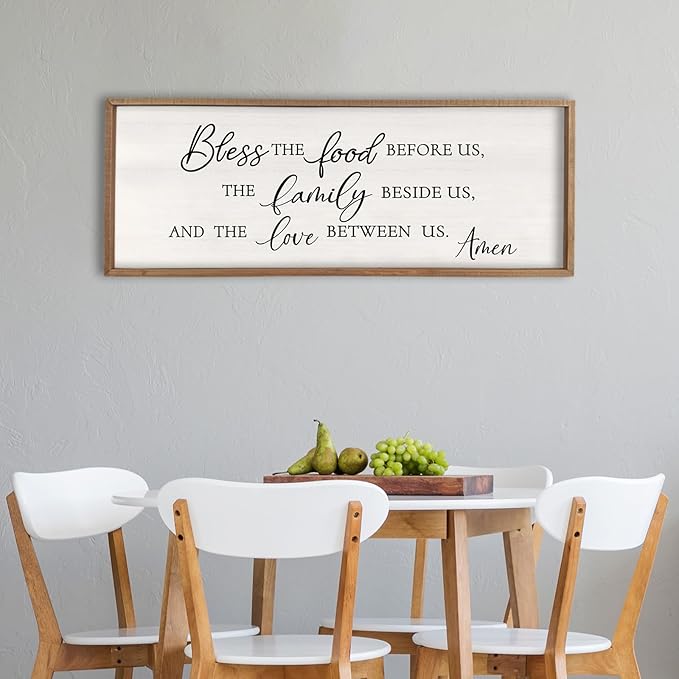 Surfapans Bless the Food Before Us Wall Decor, 32"X12" Farmhouse Dining Room Family Kitchen Sign, Christian Bible Verse Scripture Vintage Home Framed Wood Wall Art (Wood White)
