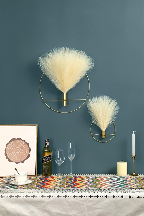 Pretty Jolly Boho Wall Decor, Wall-Mounted Metal Hanging Artificial Pampas Display, Art for Living Room, Bedroom, Bathroom, Dining Room, Plant Decor 2 Pack Gold