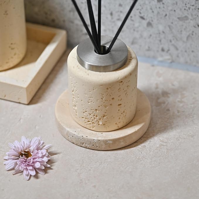 Small Travertine Jewelry Dish 4”, Natural Beige Stone Trinket Tray for Rings Earrings Necklaces, Round Travertine Soap Dish for Bathroom & Kitchen, Minimalist Decorative Catchall Bowl for Home Décor