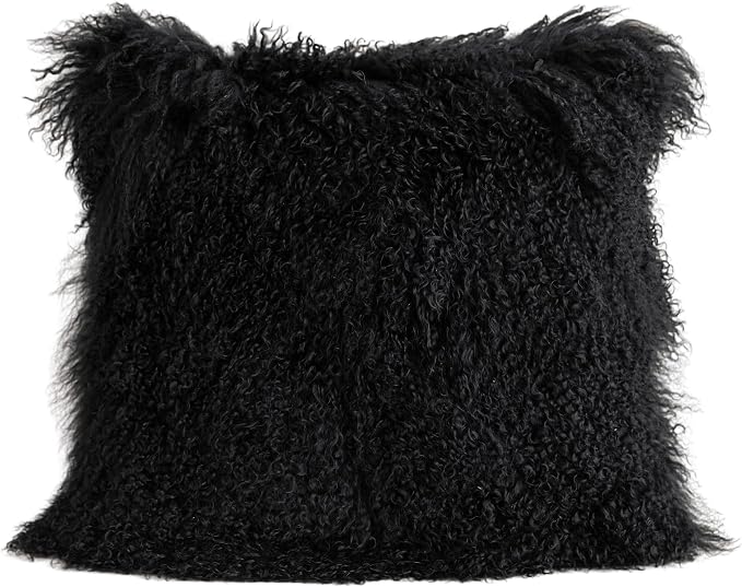 MOOX Mongolian Lamb Fur Pillow Covers Lumbar Throw Sheepskin Pillow Case Genuine Wool Fur Tibetan Accent Living Room Bedroom Decorative Cushion Cover (18 * 18inch Black)