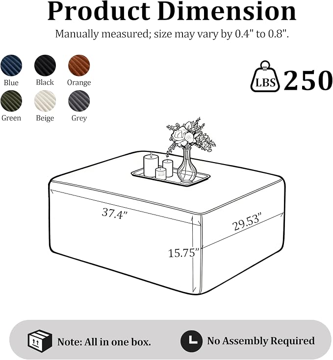 37.4'' Plush Fluffy Corduroy Ottoman for Boneless Couch in a Box, Modern Compressed Sofa, Small Comfy Rectangle Couch for Living Room, Bedroom, Black, (Ottoman)