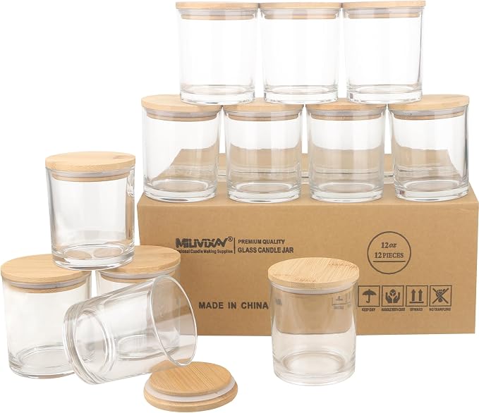 MILIVIXAY 12Pack 12 OZ Clear Thick Glass Candle Jars with Lids - Bulk Empty Candle Jar for Making Candles - Spice, Powder Containers.