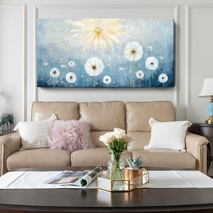 Nicetop Oversized Wall Art for Living Room – Extra Large Blue and White Floral Landscape Canvas Print, Botanical Wildflower Dandelion Picture, Nature Artwork for Big Bedroom Office Decor, 58x29 Inch