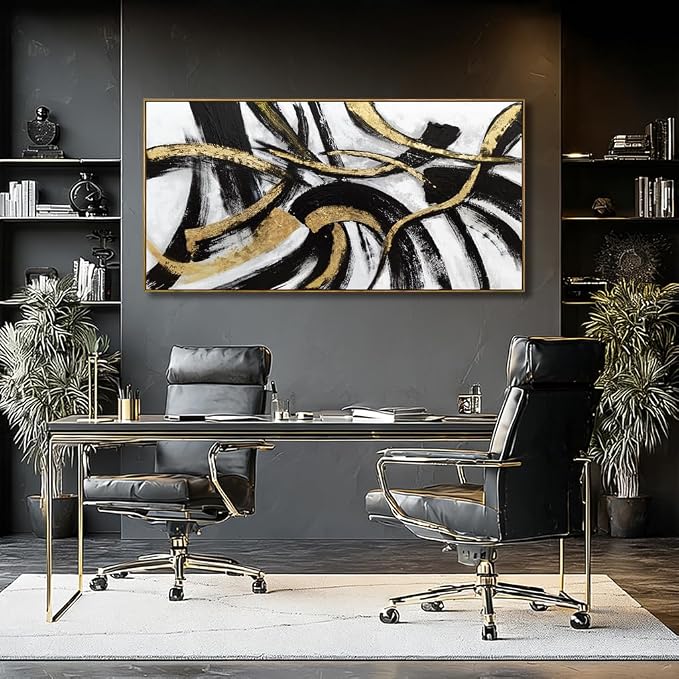 Black And Gold Abstract Framed Wall Art Minimalist Lines Painting Artwork Modern Picture Prints Large Wall Decor 24"x48"