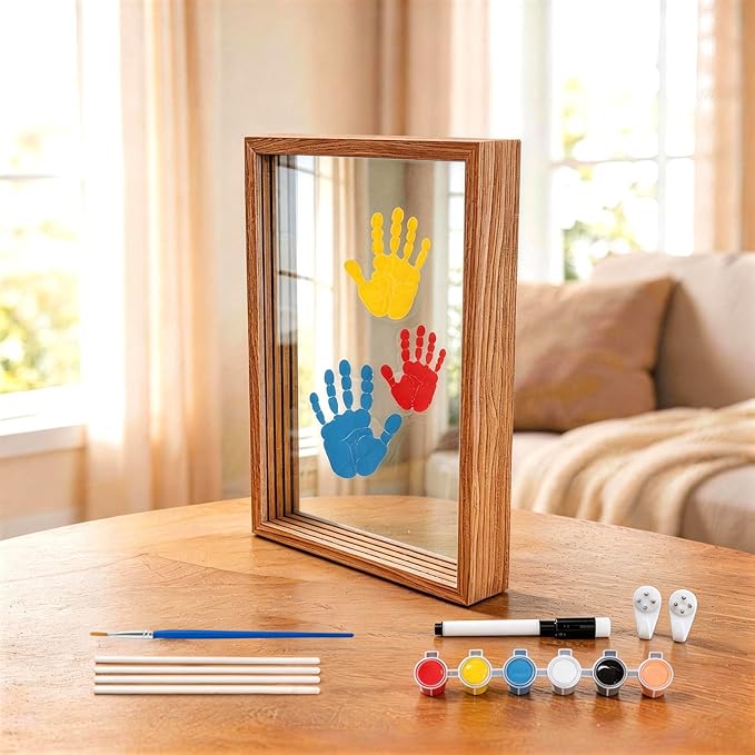 Family Handprint Kit, DIY Keepsake Frame with Wooden Frame, Non-Toxic Paints, Transparent Sheets, Baby Handprint Kit, Family Craft Gift for New Parents,Mothers Day, Fathers Day