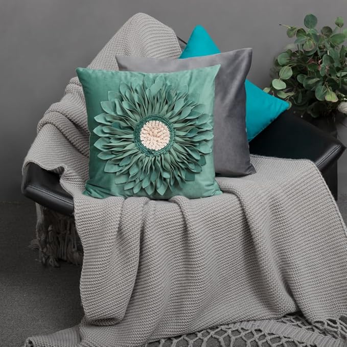 OiseauVoler 3D Sunflower Throw Pillow Cover Decorative Handmade Pillowcases for Couch Farmhouse Living Room Decoration 18x18 Inch Green