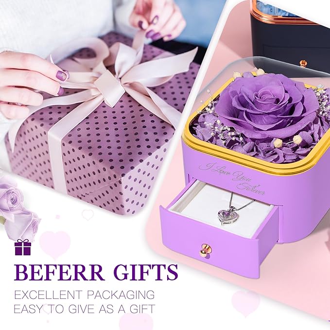 Beferr Birthday Gifts for Women Preserved Real Rose with Necklace Eternal Roses Forever Flowers for Delivery Anniversary Mothers Gifts for Mom Her Grandma Wife Sister from Daughter Son